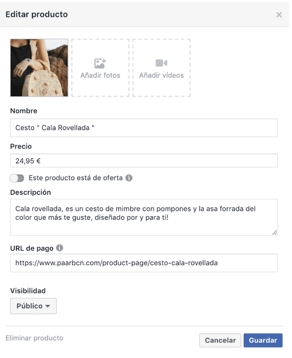 Ficha de producto Facebook